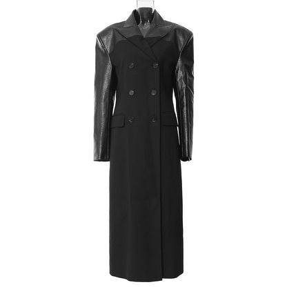Plaid Leather Trench Coat Black