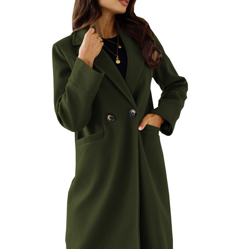 Solid Color Long Sleeve Woolen Coat Army Green