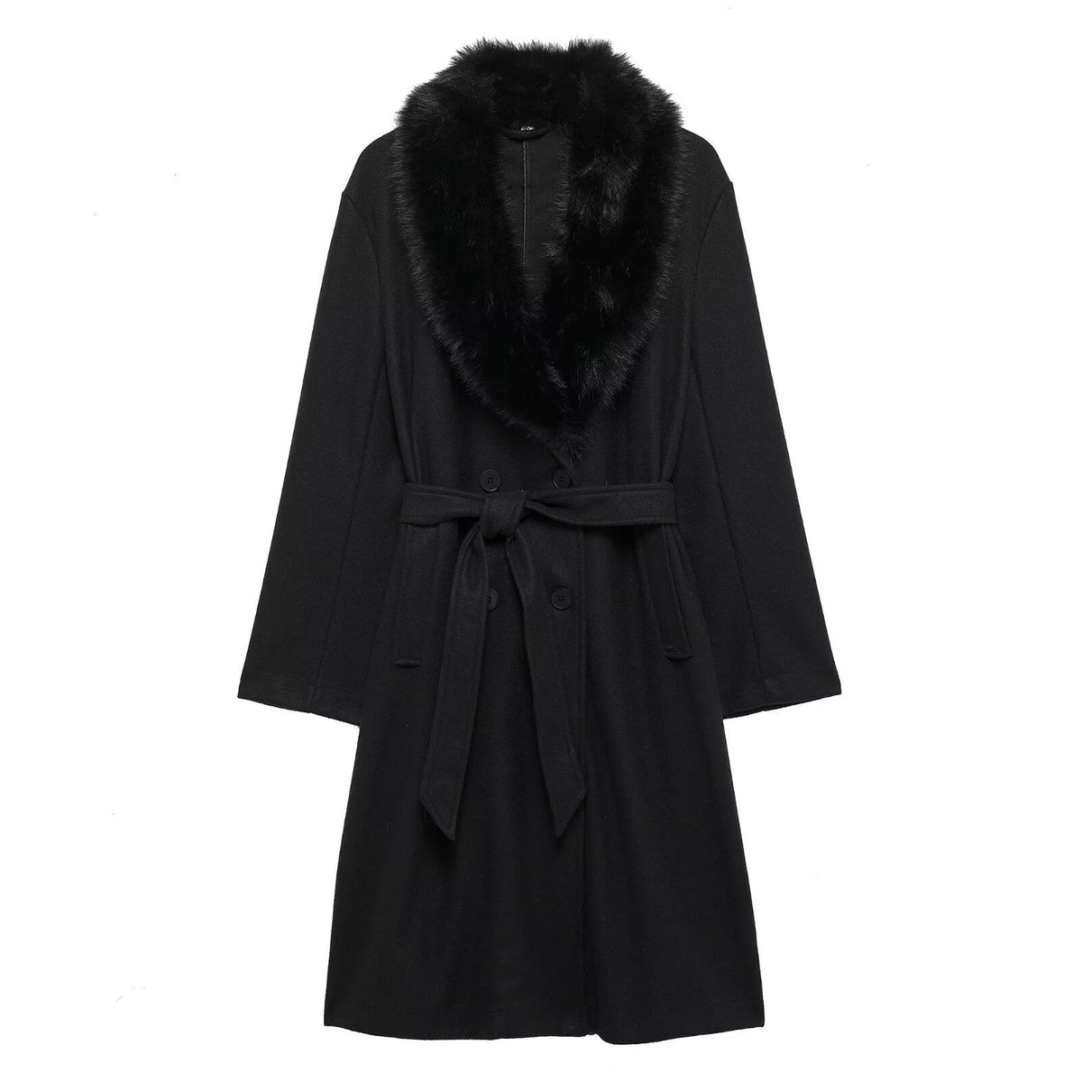 Artificial Fur Belted Trench Coat Black