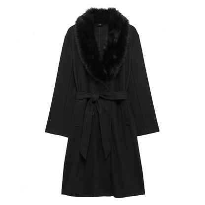 Artificial Fur Belted Trench Coat Black