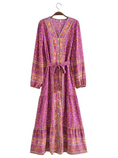 Autumn Casual Women Printed Cardigan Long Sleeve Belt Dress Purple
