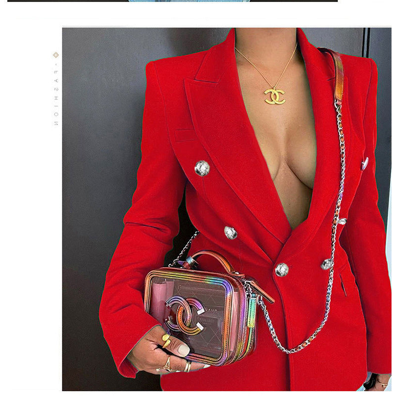 Double Breasted Solid Color Long Sleeve Blazer Red