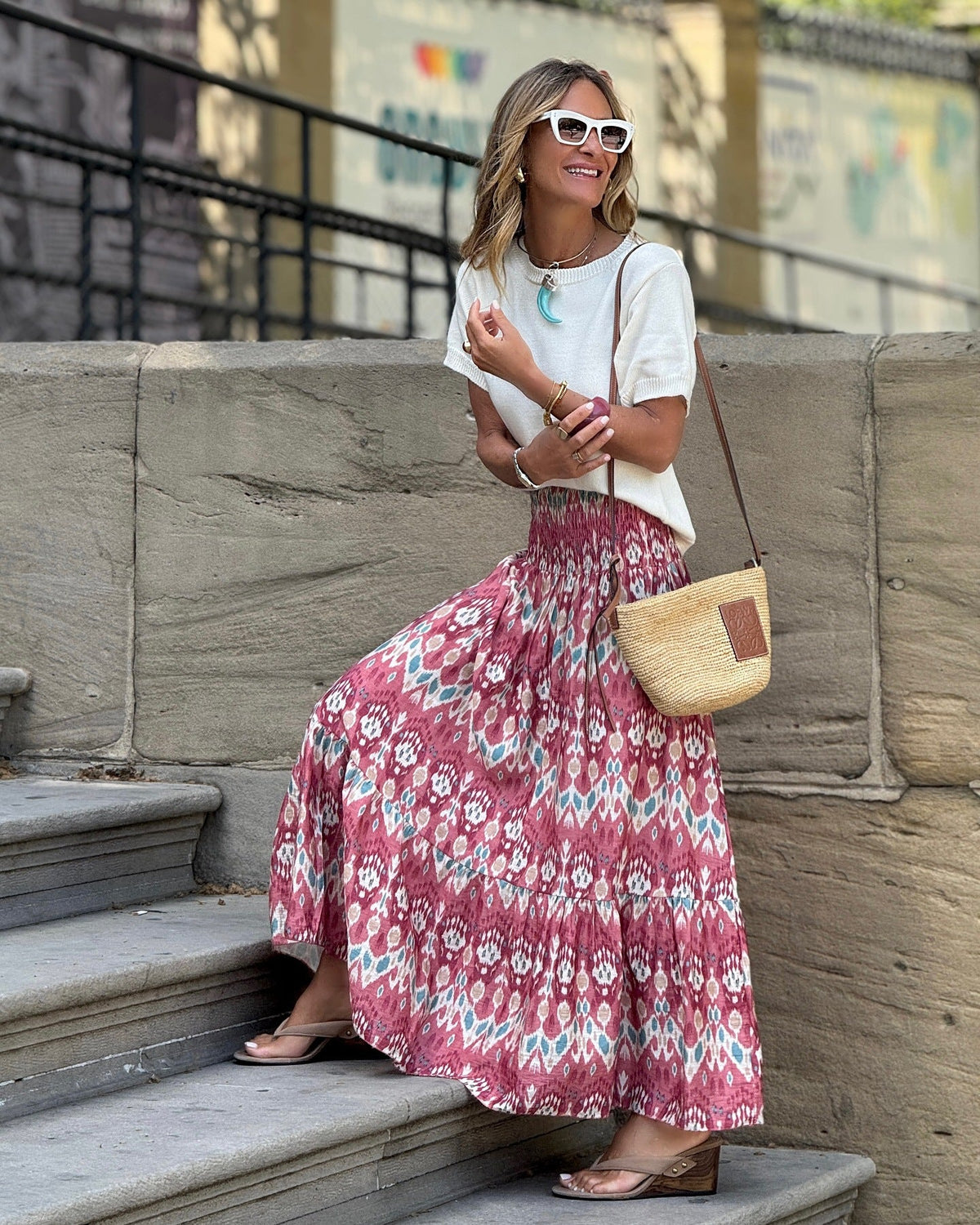 Summer Elastic Waist Large Swing Vacation Long Skirt Women Picture Color Matching