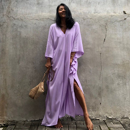 Relax Fit Versatile Solid Color Kaftan One Size Light Purple