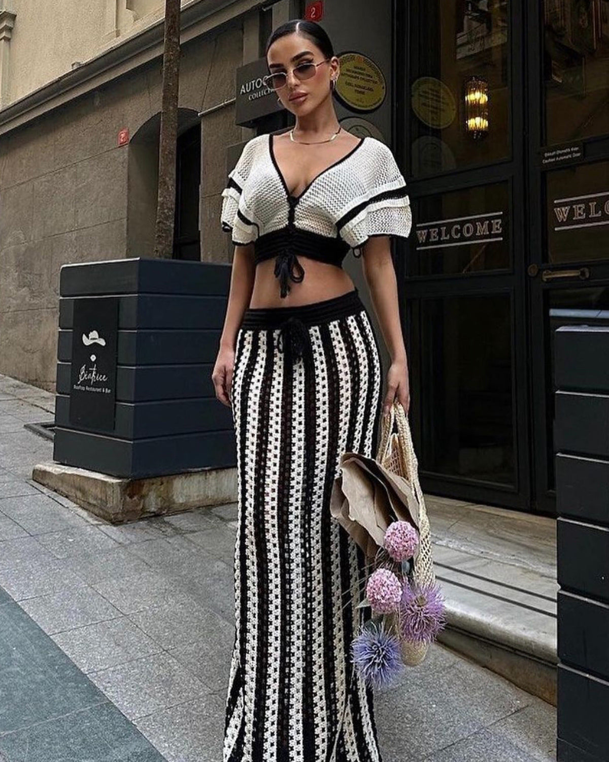 Cutout Striped Knitted Women Skirt Set White