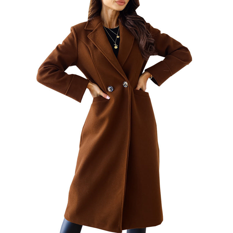 Solid Color Long Sleeve Woolen Coat Brown