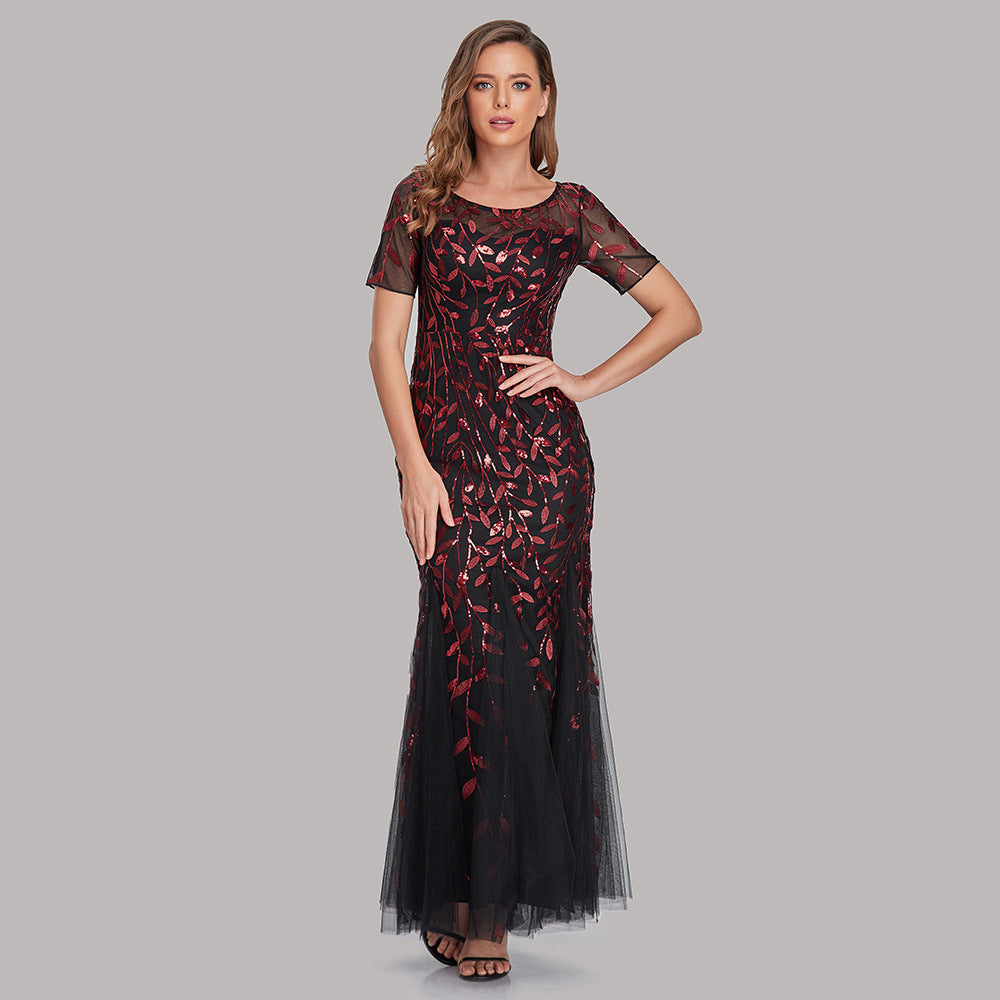 Priyanka Short Sleeves Mesh Sequined Evening Black-2