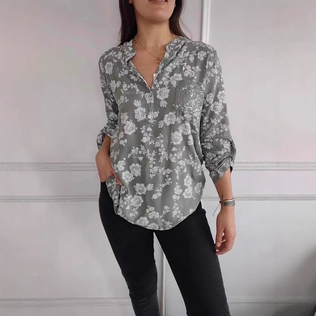Spring Loose Casual Long Sleeves Printed Sequined Pocket Shirt