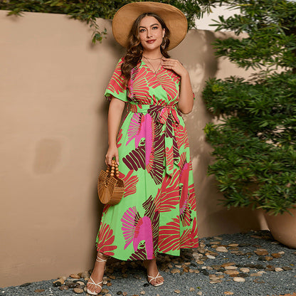Plus size Summer Short Sleeve Dress Green Orange