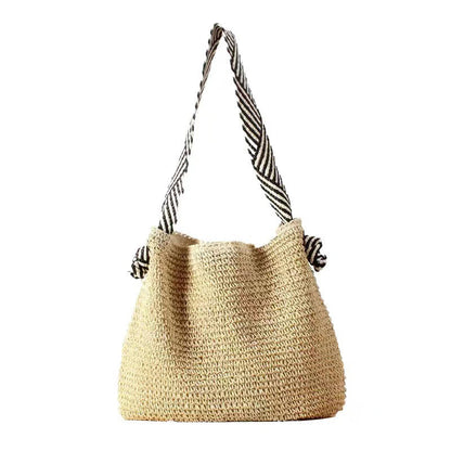 Rattan Natural Handmade Shoulder Bag One Size Striped Handle Creamy-white