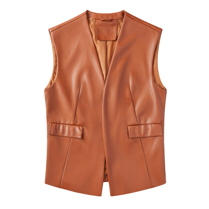 Sleeveless Faux Leather Cardigan Vest camel
