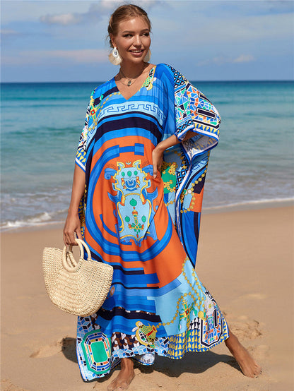 New Positioning Printing Beach Cover-up Sexy Cardigan Dress Beach Cover Up One Size Blue Orange Chain