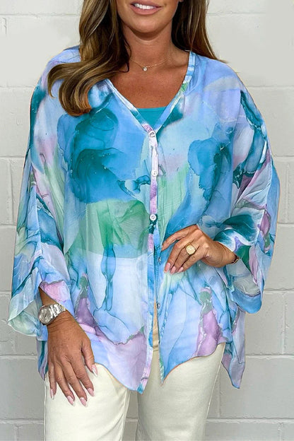 Summer Floral Printed Chiffon Shirt Blue
