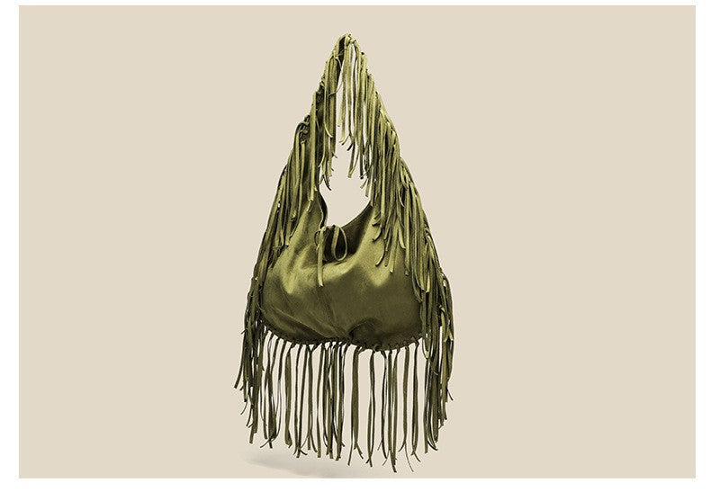 Tassel Large Tote Crescent Trendy One Shoulder Women Bag One Size Small Size Army Green