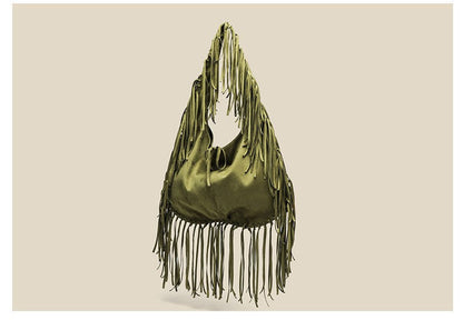 Tassel Large Tote Crescent Trendy One Shoulder Women Bag One Size Small Size Army Green