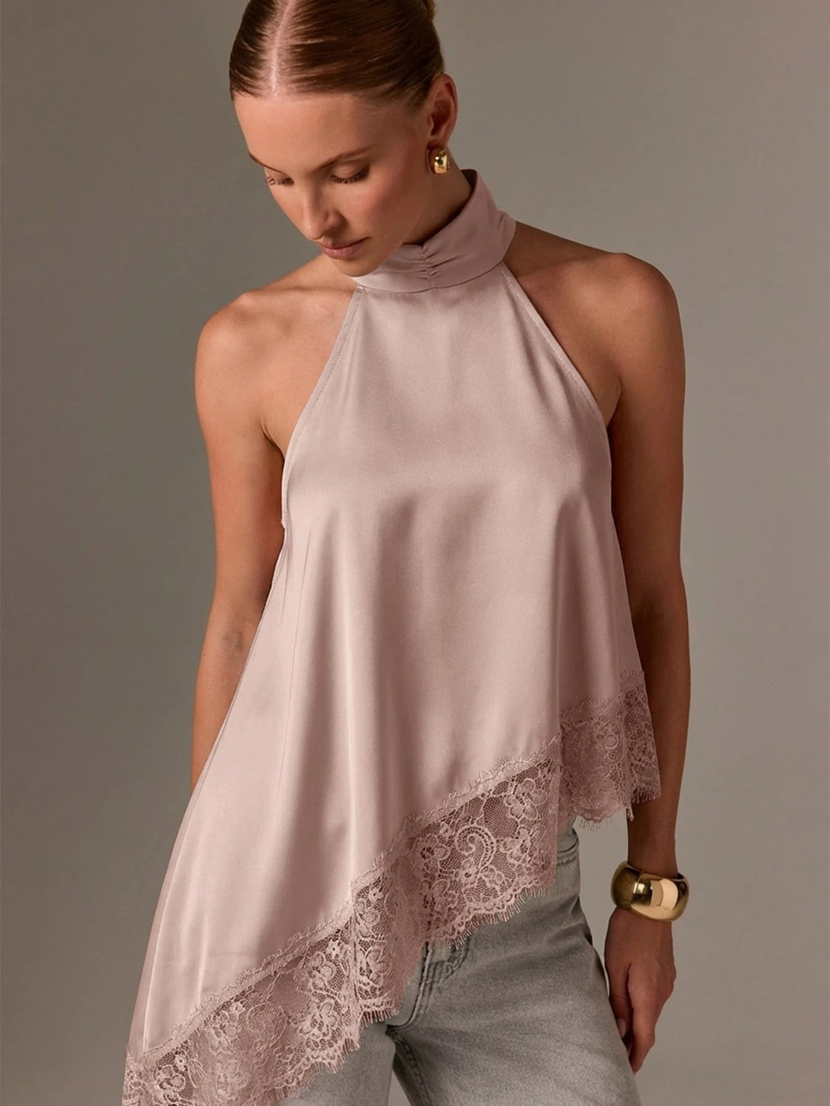 Clidress Button Neck Lace Patchwork Irregular Top 11 Colors-5 Size Pink