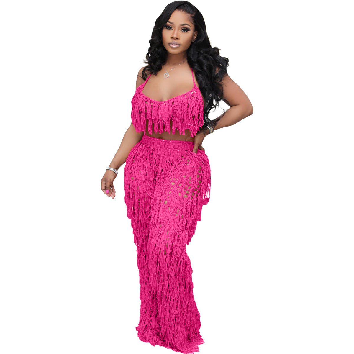 Sexy See through Crochet Tassel Beach Suit Coral Red