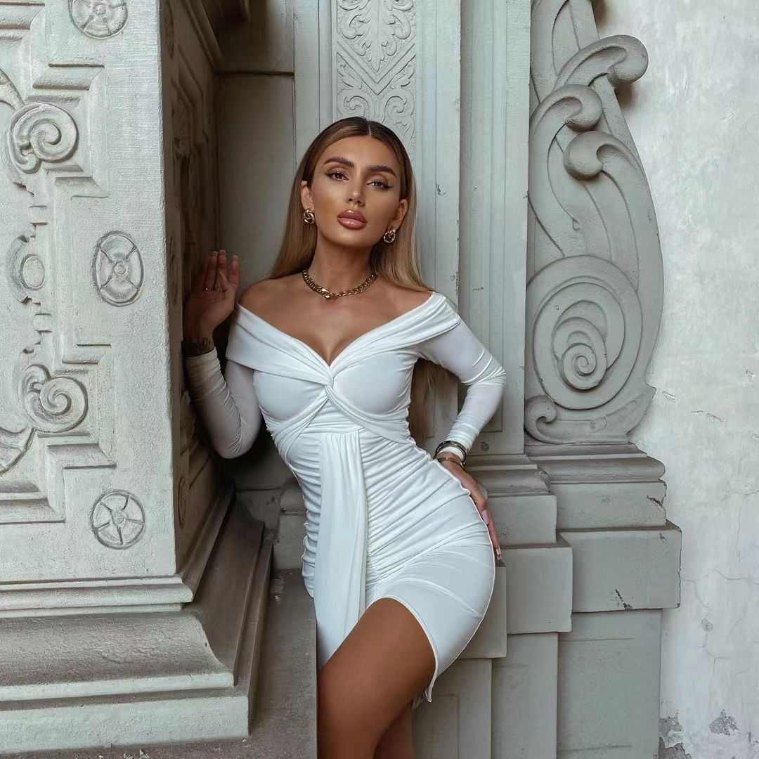 Sexy V neck off Shoulder Long Sleeve Dress White