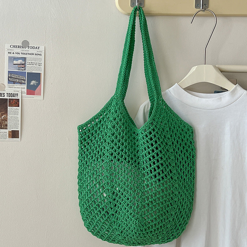 Casual Eco-Friendly Cotton Woven Bag One Size Hollow Carambola with Inner Bag Green