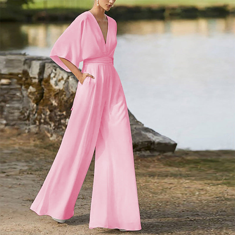 Deep V Plunge High Waist Wide Leg Trousers Pink
