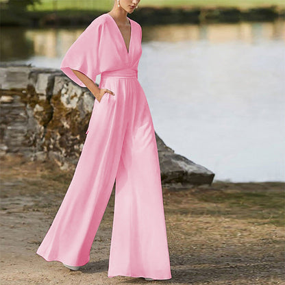 Deep V Plunge High Waist Wide Leg Trousers Pink