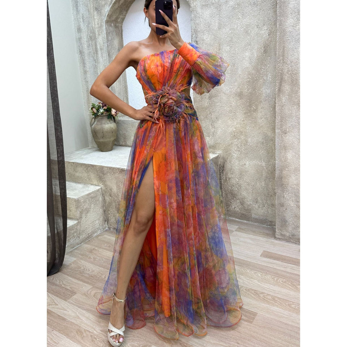 One Shoulder Chiffon Printed Gown Orange