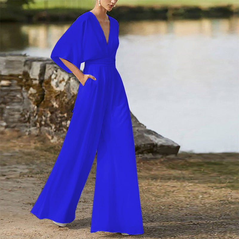 Deep V Plunge High Waist Wide Leg Trousers Blue