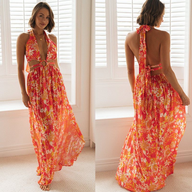 V-neck Printed Slip Dress Red