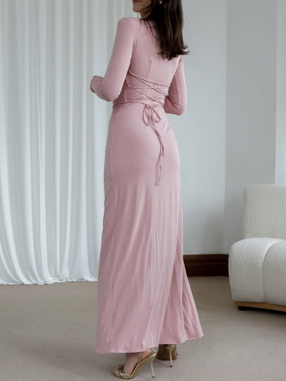 Clidress O Neck Wrap Maxi Full Dress