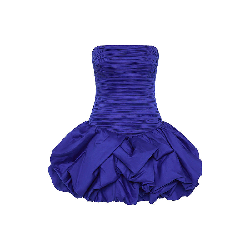 Tube Top High Waist Pleated Dress Women Blue