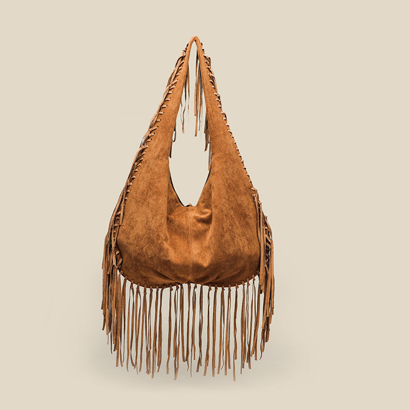 Tassel Large Tote Crescent Trendy One Shoulder Women Bag One Size Large Light Brown