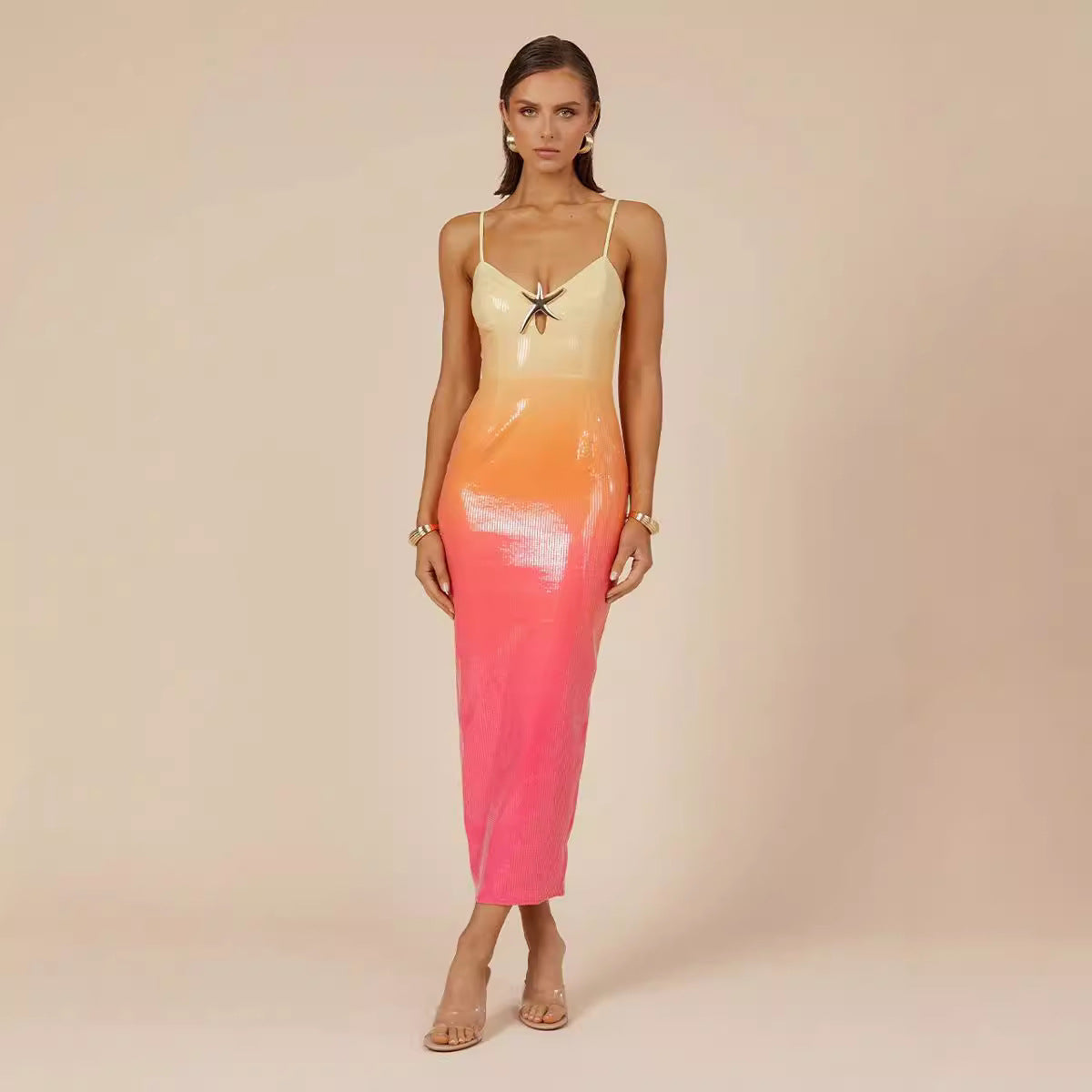 Multi Color Sequined Maxi Apricot Rose Gradient