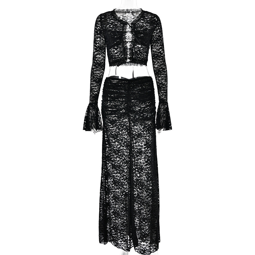 Lace See Through Two Piece Women Sexy Sexy All Match High Waist with Straps Long Skirt Set Black