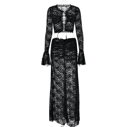 Lace See Through Two Piece Women Sexy Sexy All Match High Waist with Straps Long Skirt Set Black