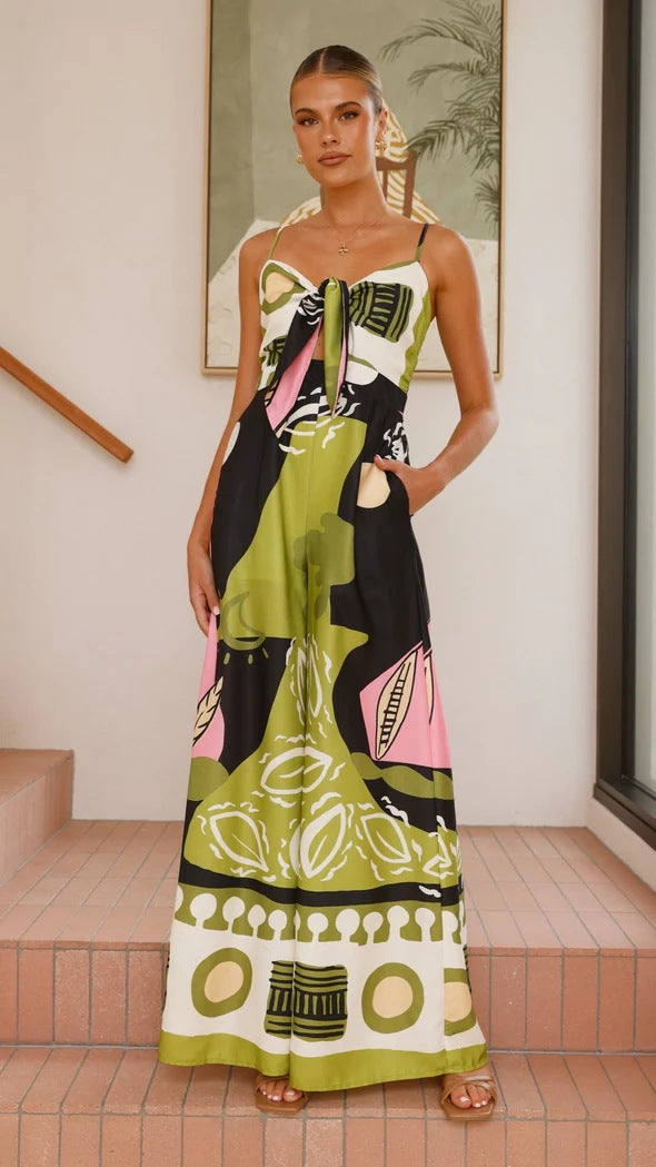 Sexy Print Wide Leg Jumpsuit Women Green