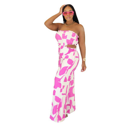 Elegant Tube Top Smocking Printed Wide Leg Jumpsuit Pink