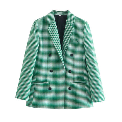 Vintage Single Breasted Long Sleeve Plaid Women Padded Shoulder Blazer Green and White