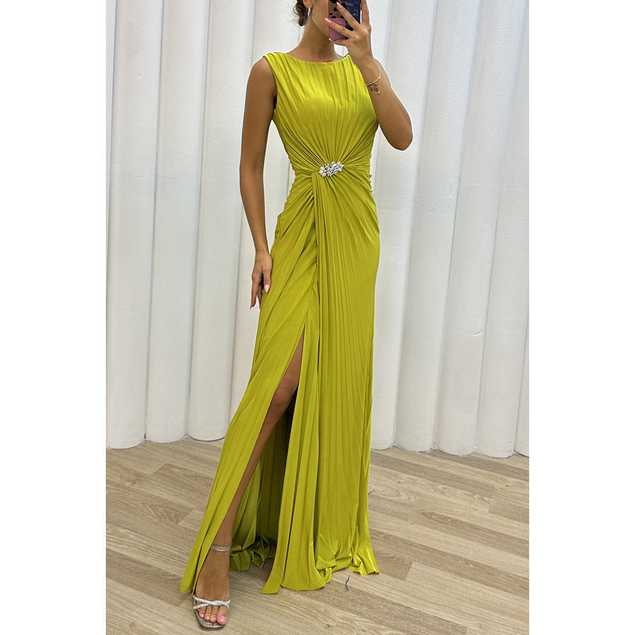 Pleated Split Evening Dress Women Green