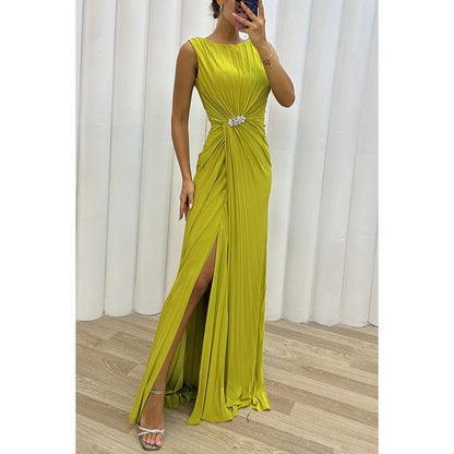 Pleated Split Evening Dress Women Green