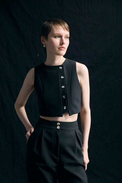 Sleeveless Vest High Waist Cropped Pants Two Piece Set Black