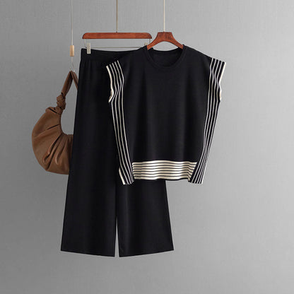Round Neck Loose Two Piece Knitted Set One Size Black