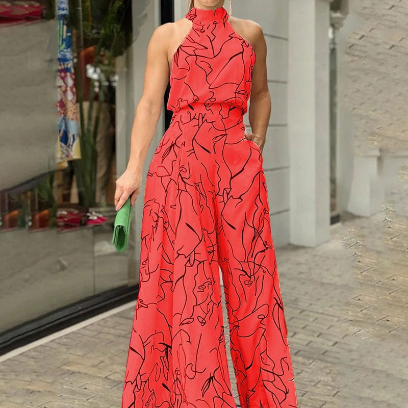 High Waist Lace up Sleeveless Halter Jumpsuit Red
