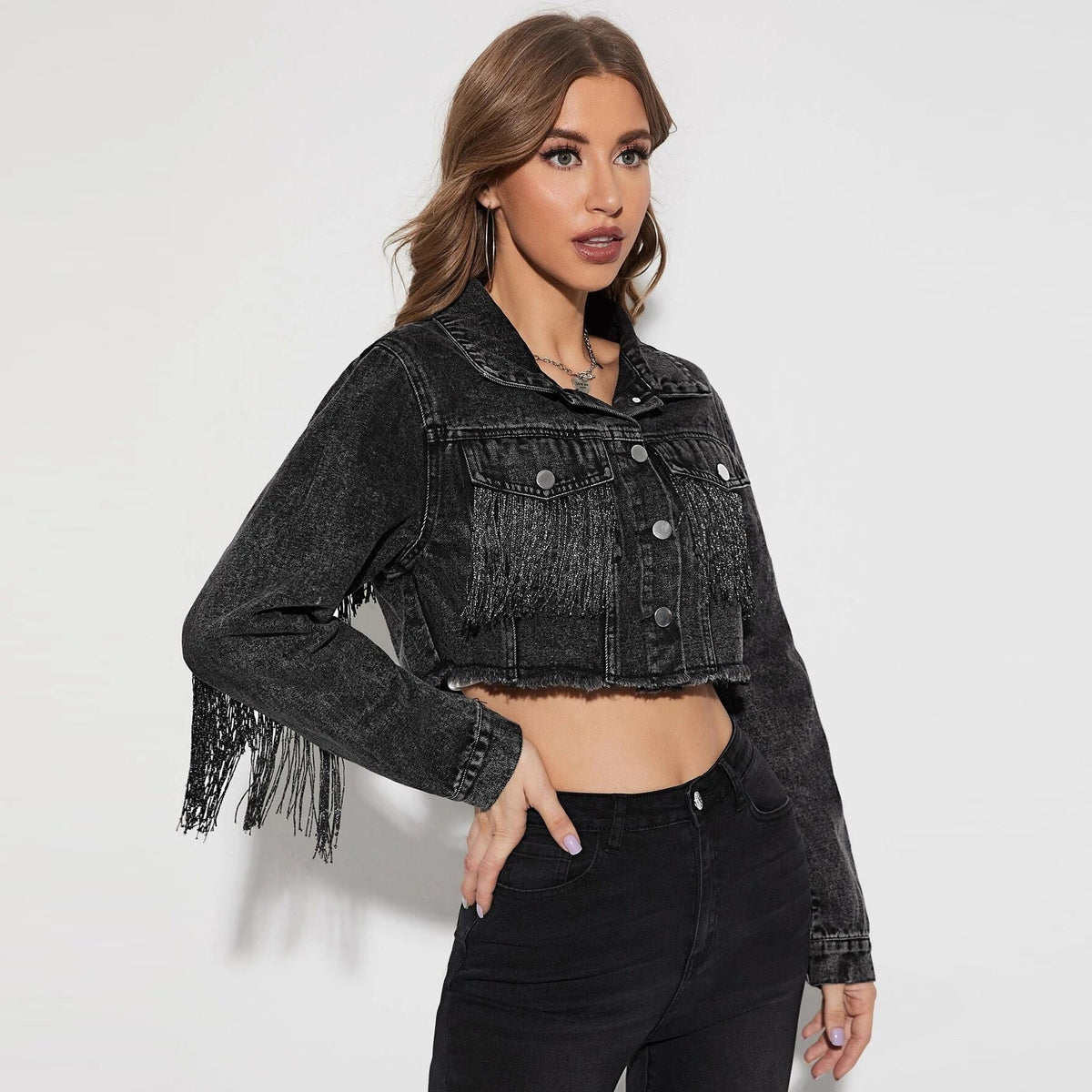 Kylie Tassel Fringe Denim Jacket Black
