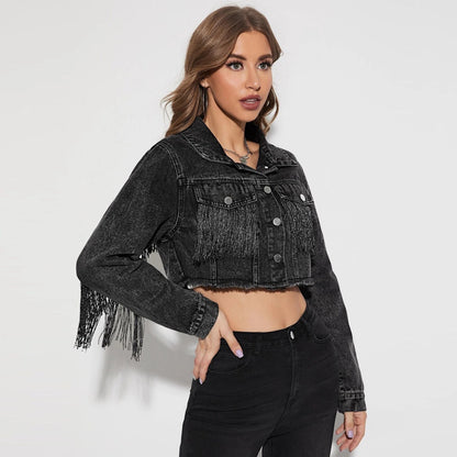 Kylie Tassel Fringe Denim Jacket Black