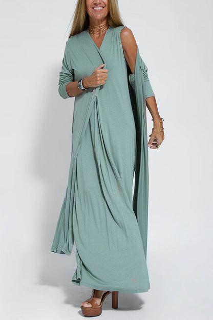Solid Color Pullover V Neck Dress Cardigan Coat Set Women Blue Coat