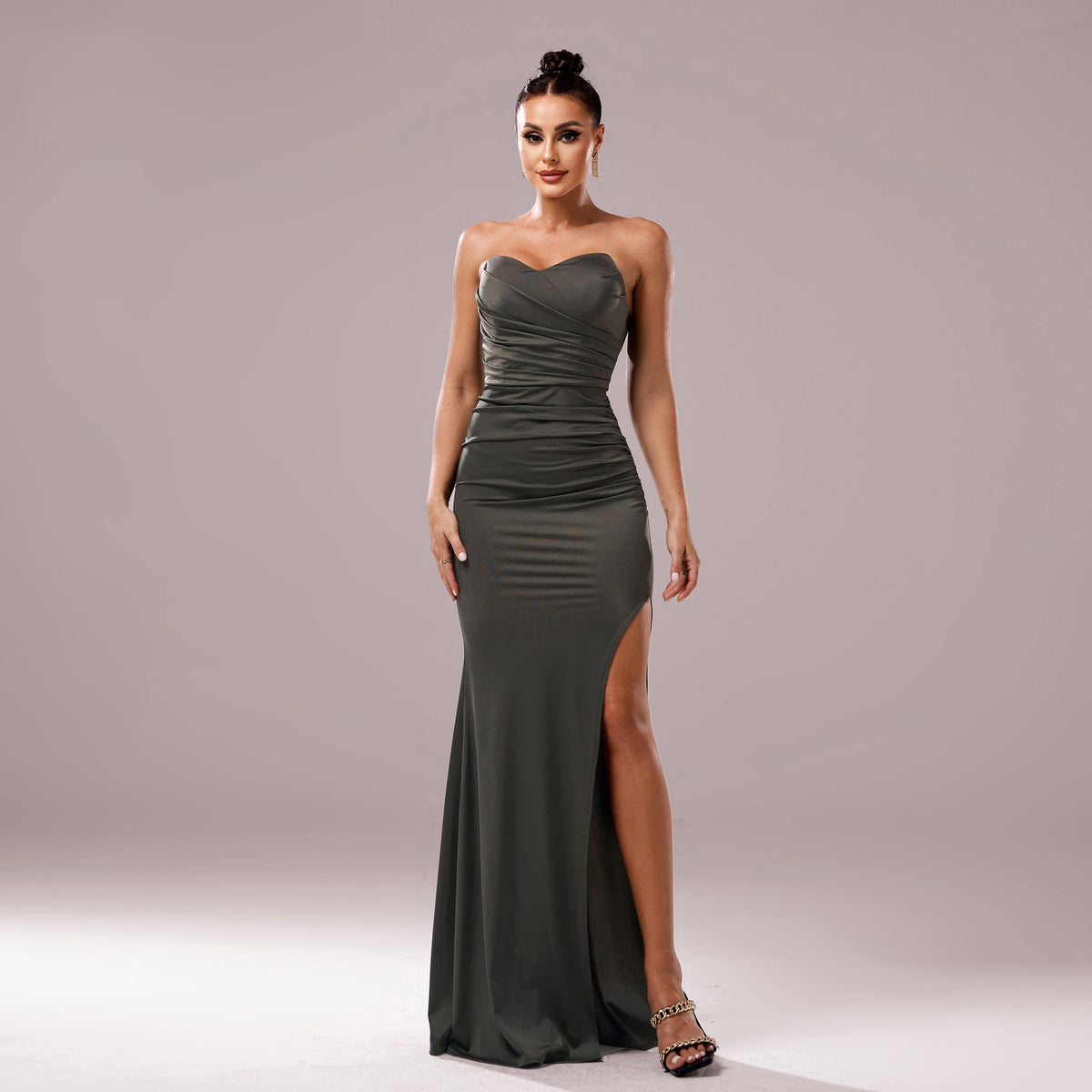High Slit Strapless Sexy Gown Olive Green