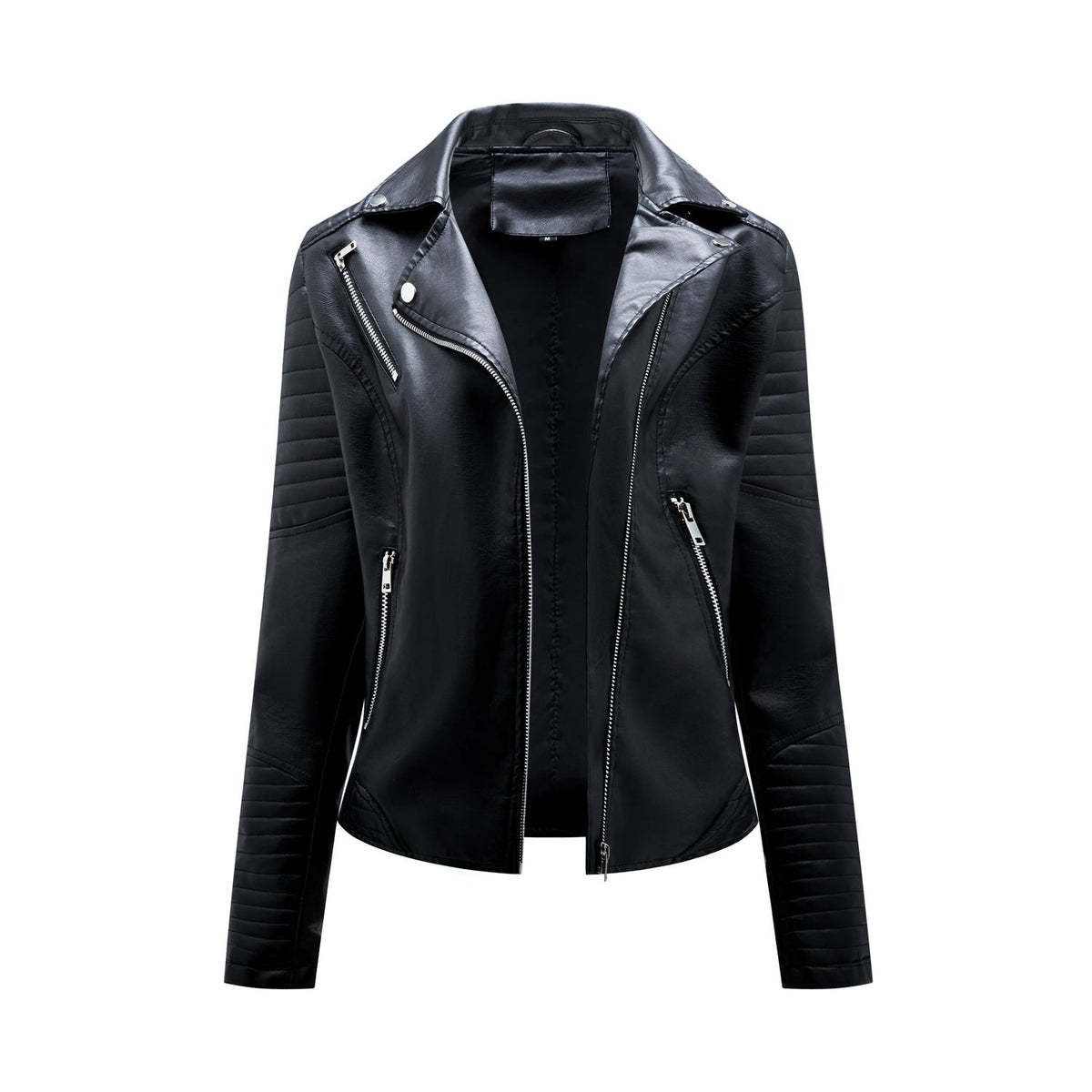 Faux Leather Collared Motorcycle Jacket Black