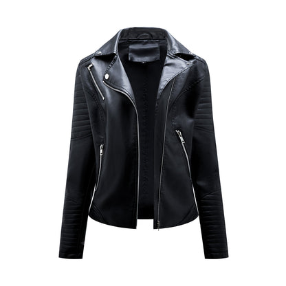 Faux Leather Collared Motorcycle Jacket Black