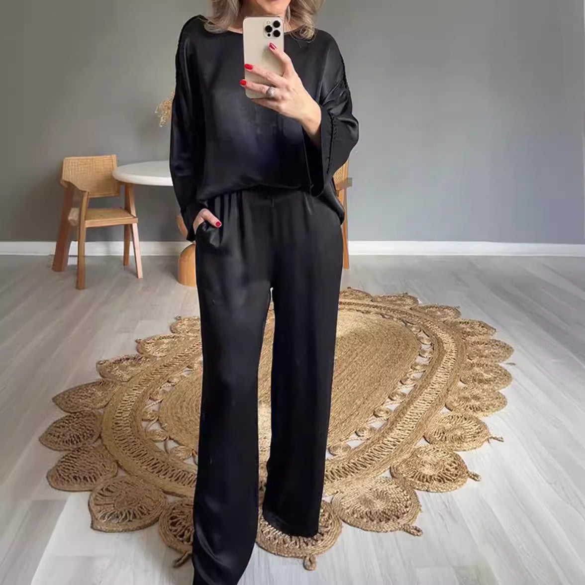 Versatile Satin Casual Long Sleeve Relax Fit Set