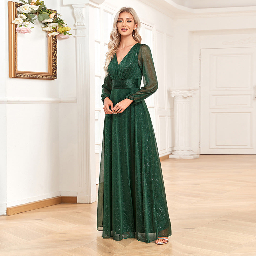 Jacqueline Elegant Green V Neck Long Sleeves Gown Green